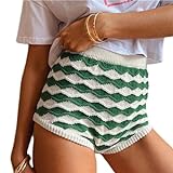 Damen Y2K Ästhetische Häkel-Strick-Shorts, Vintage, gestreift, niedrige Taille, Sommershorts, süße Mini-Shorts, Strickwaren, A Green, L