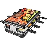 AONI Raclette grill Rauchfreier grill Elektrischer BBQ-Grill mit Antihaft-Grillfläche, 1200W Temperaturregelung, spülmaschinenfest, für 8 Personen