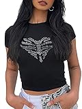 Damen T-Shirt mit Buchstaben-Aufdruck, Rundhalsausschnitt, Herz-Skelett, Strass, Crop TopsY2K Rippstrick-T-Shirt, Schwarz , Small