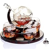 Whisky Karaffe Globus für Alkohol - Whiskey Decanter Bar Set mit Gläser Holzständer und Weltkarte - Geschenke für Männer und Frauen - Glas Flasche Zubehör für Gin, Rum, Scotch, Likör, Bourbon, Wodka