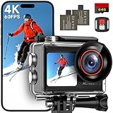 syndesmos Action Cam 4K 60FPS, 40M Unterwasserkamera, 30MP HD Unterwasserkamera Schnorcheln 2 LCD Bildschirm, Wasserdicht EIS Touchscreen Actioncam mit 64GB Karte, 2.4G Fernbedienung, Zubehö