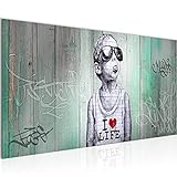 Wandbild Banksy I Love My Life 1 Teilig Modern Bild auf Vlies Leinwand Wohnzimmer Flur Street Art Grün 039812b