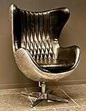Casa Padrino Art Deco Lounge Chair Drehstuhl Sessel Aluminium/Echt Leder Schwarz Ei-Form - Club Sessel - Lounge Sessel - Vintage Airplane Möbel