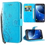 iDoer Hülle Kompatibel Mit Samsung Galaxy J7 (2016) Schmetterling Leder Case Schutzhülle Blau