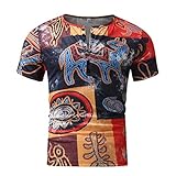 Saclerpnt Herren Vintage T-Shirt V-Ausschnitt Knöpfe Streetwear Tshirts Retro 3D Digitaldruck Tops Ethnic Bedruckte Tshirt Print Oberteile(Gelb,XXL)