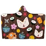 Japanische Cartoon-Katze, Sushi – niedliche Tiere, superweiche Decke für drinnen und draußen, mit Kapuze, Umhang | tragbare Decke zum Wickeln | geeignet für Kinder und Erwachsene, Halloween