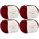 weiche Wolle zum Stricken -4x Merino pure weinrot (Fb 4029)- 4 Knäuel Merinowolle rot + GRATIS Label - 50g/65m - Nadelstärke 6-7mm - Merino Wolle kaufen - Strickwolle Merinowolle - 100% M