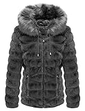 Geschallino Damen Wende-Kunstpelz und gesteppter Mantel mit Pelzkragen, Oberbekleidung mit Kapuzenjacke für den Winter, Grau, S