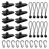 30 Stück Tarp Clips Set, 10 Heavy Duty Tarp Clips mit 10 Zelt Bungees Schnüre und 10 Karabiner Clips für Camping Zelte Abdeckung, schw