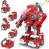 Feuerwehrauto, Ayunhao DIY 5 in 1 Roboter Spielzeug mit Sound und Licht Auto Spielzeug STEM Demontage Feuerwehr Auto Spielzeug Weihnachten Geburtstagsgeschenk Jungen Mädchen 3-8 Jahre alt