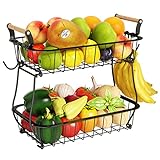 ANTOPY 2-stöckiger Obstkorb mit 2 Bananenbügeln, Obst-Gemüse-Korb für die Küchentheke, Metalldraht, Aufbewahrungskorb, Obstständer, Halter, Organizer für Brot, Snacks, Gemüse, Schwarz