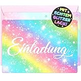 12x Glitzer EINLADUNGSKARTEN + Umschläge für PARTY und KINDERGEBURTSTAG - die Karten im bunten Regenbogen Stern Design sind die EINLADUNG für Mädchen Jungen Kinder zum GEBURTSTAG und KINDERPARTY