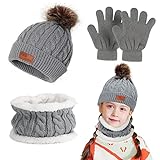 Makone Kinder Wintermütze und Schal Handschuh Set, Kinder Jungen und Mädchen Winter Dicke Wolle Warme Strickmütze und Schal Set (Grau)