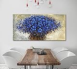 Orlco Art Ölgemälde mit blauem Kirschblütenblatt und blauem Baum, handbemalt, groß, abstrakte Kunst, Wanddekoration, Palettenmesser, strukturiert, Ölgemälde auf Leinwand, Blau, blau, 24x48inch