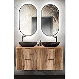 Lomadox Badmöbel Waschplatz Set 3-teilig Doppelwaschtisch Unterschränke 120 cm 2 Aufsatzwaschbecken 2 LED Spiegel anthrazit mit Eiche Nb. Rillen schwarz