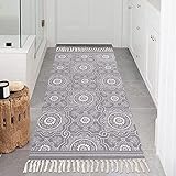SHACOS Baumwolle Teppich Waschbar Grau Küche Teppich Läufer Flur Mandala Teppich mit Quasten Handgewebte Teppiche für Wohnzimmer, Schlafzimmer 60 x 130cm