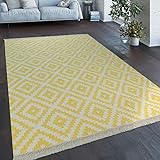 Paco Home Teppich Modern Marokkanische Muster Handgewebt Skandi Rauten Fransen Gelb Weiß, Grösse:200x300 cm