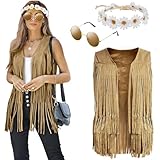 Hippie Kostüm Damen Fransenweste Damen Hippie Weste Damen Ärmellos Mit Brille Stirnband, Faschingskostüme Damen Karneval Kostüm Damen, 60er 70er Jahre Bekleidung Damen Disco Outfit Hippie Kleidung(XL)
