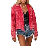 Winkinlin Damen-/Mädchen-Jacke, Oversize-Bluse, langärmelig, Webkante, Mantel mit Tasche, Roter Kordstoff, 38