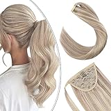 Extensions Pferdeschwanz Echthaar 100% Remy Brasilianer Haarteile Zopf 60GR 14Zoll Clip-in Ponytail Wrap Around Haarverlangerung Easy Fit (Aschblond gemischt Gebleichtes Blond #P18/613)