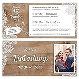 30 x Hochzeitseinladungen individuell mit Ihrem Text und Foto mit echtem Abriss als DIN Lang Ticket 99 x 210 mm - Rustikal mit weißer Spitze