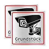 Achtung Videoüberwachung Schild - Hinweisschild - Warnschild für Kameraüberwachung - Gebürstetes Aluminium - 15x15 cm (Metall) (2 STK. Achtung Videoüberwachung)