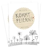 50 Einladungskarten - Kommt feiern! - Weiß Grau Beige mit Blumenwiese, vielseitige Einladungen für deine Hochzeit, Geburtstag, Jubiläum auf Recyclingpapier