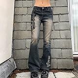 LSJSN Vintage Stickerei Boot Cut Jeans Punk Niedrige Taille Herbst Frauen Hosen Gothic Grunge Mode Dünne Streetwear Hose Y2K,Grau,S