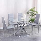 GOLDFAN Esstisch Set mit Glas Esstisch und 4 Grau Essstühlen und Rechteckiger Tisch mit 4 Stühlen Essgruppe für Wohnzimmer Küche Büro