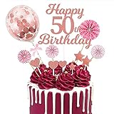 MMTX 50 Tortendeko Rosegold Geburstagstorte Deko Happy Birthday Cake Topper Kuchen Aufsätze mit Papierfächer Konfetti Luftballons für Geburtstagstorte Dekorationen