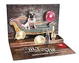 KE 3D Pop Up Karte - Geburtstags-Karte mit Hunde-Motiv - Mops auf dem Sofa - 3D Gruß-Karte - Glückwunsch Klapp-Karte mit Glitzer-Elementen - DIN B6