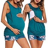 Ekouaer Damen Shlafanzug mit Stillfunktion Ärmellos Pyjama Set für Schwangere Kurz Hose mit Verstellbarem Elastischem Bund & Stillshirt Blumen blau grün M