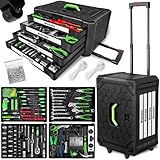 tectake® Werkzeug Set im Aluminium Koffer, Werkzeugkoffer gefüllt 899-tlg., Tool Werkzeugwagen fahrbar, Trolley mit 4 Schubladen, Teleskopgriff, Werkzeugkiste groß für Profi und Haushalt - schw