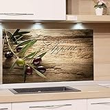 GRAZDesign Spritzschutz Glas für Küche, Herd Bild-Motiv Olivenzweig mit Schrift Küchenrückwand Küchenspiegel Glasrückwand (80x40cm)