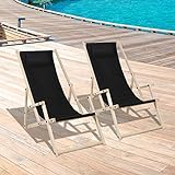 Jiubiaz 2er Set Liegestuhl Premium aus Holz mit Armlehne und Kissen, Liegestuhl Relaxliege, Sonnenliege für Erwachsene, Strandstuhl mit modernem Design, Klappbar für Garten und Balkon (Schwarz)