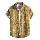XIAOYUER Hawaiihemd Herren Hemd Herrenhemden Kurzarm Sommer Floral Button-Down Relaxed-Fit Casual Beach Tops (Yellow-B, S)