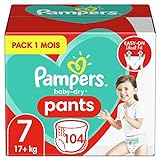 Pampers Windeln Pants Größe 7 (17kg+) Baby-Dry, Extra Large, 104 Höschenwindeln mit Stop- und Schutz Täschchen, MONATSBOX