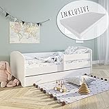 Kinderbett 70x140 cm mit Matratze und Schublade, Rausfallschutz & Lattenrost in weiß skandinavisch