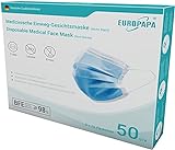 EUROPAPA® Blau Medizinisch Type IIR Norm EN14683 TÜV CE zertifizierte Mundschutzmasken OP Masken 3-lagig Mundschutz Gesichtsmaske Einwegmaske BFE ≥ 98%, 1 Box (50 Stück)