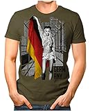 OM3® - Germany-Soccer-Girl - Herren T-Shirt EM 2020 Fußball Trikot Sexy Frau Deutschland Vintage Oliv 4XL