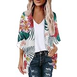 Damen-Strickjacken, Blumendruck, 3/4-Ärmel, Kimono, Cardigan, lockerer Strand, Chiffon, lässig, Bluse, Tops, Sommer, Bikini, Badeanzug, Coverups für Bademode, Prime Day Deals 02 Pink, M