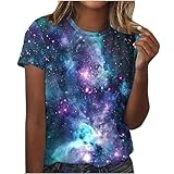 Pamqsen kostüm Damen sexy Fasching Galaxy Shirt Damen Kurzarm Rundhalsausschnitt Ausgefallene Tshirt Crop Top Teenager Mädchen 3D Bedrucken Glitzer Oberteile für Karnevalskostü