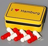 Hansestadt-Magnete in Box 'I love HAMBURG' im Ortsschild-Look, 10x Pinnwand-Magnet Neodym (sehr stark) in Stadt-HH-Farben mit Klapp-Dose!