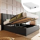 Shye Polsterbett Stauraumbett USB/Typ-C Ladeanschlüsse Seitentasche Hydraulisch Doppelbett, Lattenrost aus Holz, Bett mit Lattenrost aus Metallrahmen, Leinen(Mit Matratze) (Grau, 160x200CM)