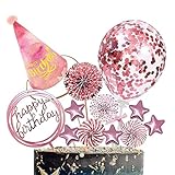 12 Stück Happy Birthday Tortendeko, Rosa Geburtstagsdeko Mädchen Sterne Konfetti Ballons Papierfächer Partyhüte Cupcake Topper Toppertorten Zubehör