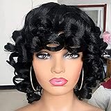 MJNDHB 12 Zoll lockige Afro-Perücken für Schwarze Frauen,kurzes Haar,gemischte lockige Perücke mit Pony,natürlich aussehende synthetische Haarersatz-Perücken mit Perückenkappe