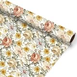 JarThenaAMCS Geschenkpapier mit Vintage-Blumenmuster, Mini-Rolle, 43,2 cm x 100,2 m, Rosen-Gänseblümchen-Geschenkpapier für Frühling, Hochzeit, Geburtstag, Party, Geschenkpap