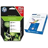 HP 301 Multipack Druckerpatronen (2X schwarz, 1x Farbe) & Avery Zweckform 2563 Drucker-/Kopierpapier (500 Blatt, 90 g/m², DIN A4 Papier, hochweiß, für alle Drucker) 1 Pack
