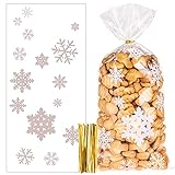 100 Stück Schneeflocke Weihnachten Plätzchentüten, Cellophantüten Transparent Candy Bar Süßigkeiten Tüten mit Twist Krawatten für Bonbon Plätzchen