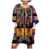 JUSHINI Damen Kleider Sommer Kleid Mode African Vintage Print Mittelarm V-Ausschnitt Freizeit Minikleid Mittelärmelkleid